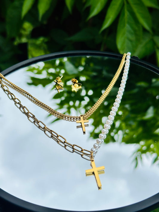 Collar Doble Cruz + Aretes | Oro 18K | Joyería Exclusiva