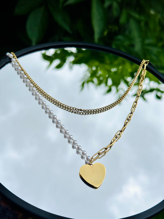 Collar Doble + Dije de Corazón + Aretes en Oro Laminado 18K
