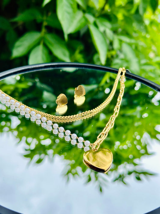 Collar Doble + Dije de Corazón + Aretes en Oro Laminado 18K