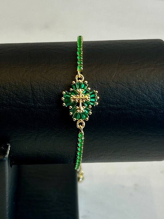 Manilla de Cruz Verde en Oro Laminado 18K