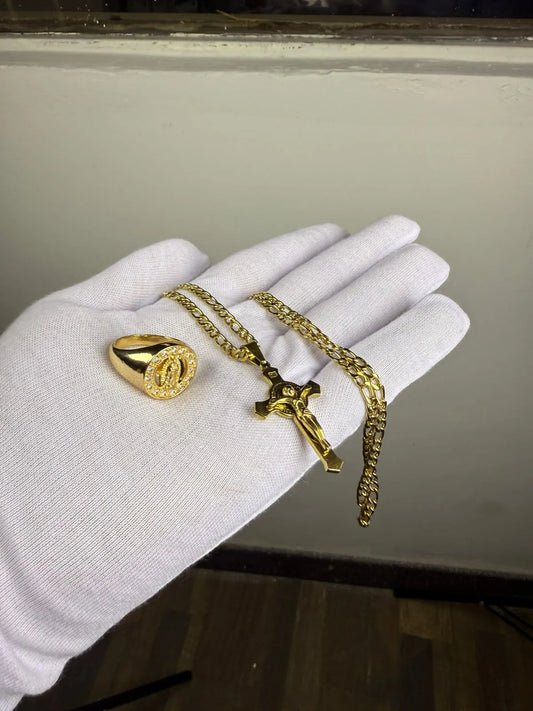 Combo Cadena, Dije + Anillo Maria Oro laminado 18k