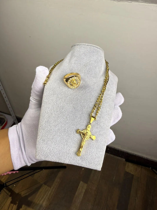 Combo Cadena, Dije + Anillo Maria Oro laminado 18k