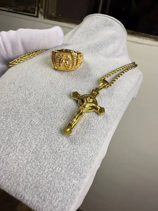 Combo Cadena, Dije + Anillo Guerrero Oro laminado 18k